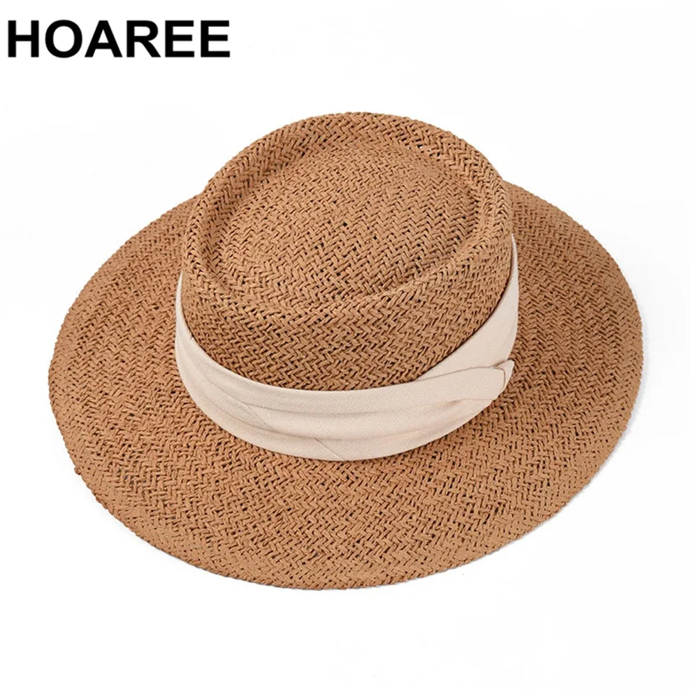 HOAREE Porkpie Straw Hat Women Summer Sun Hats for Women Designer Brand Korean Retro Flat Brim Cap Ladies Beach Panama Hat