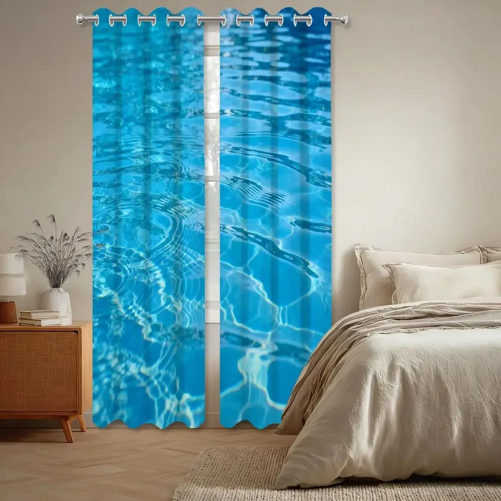 Summer Blue Bedroom Blackout Curtains, Beach Style Grommet Top Thermal Insulated Drapes, 2-Panel Set, 52x84 Inches
