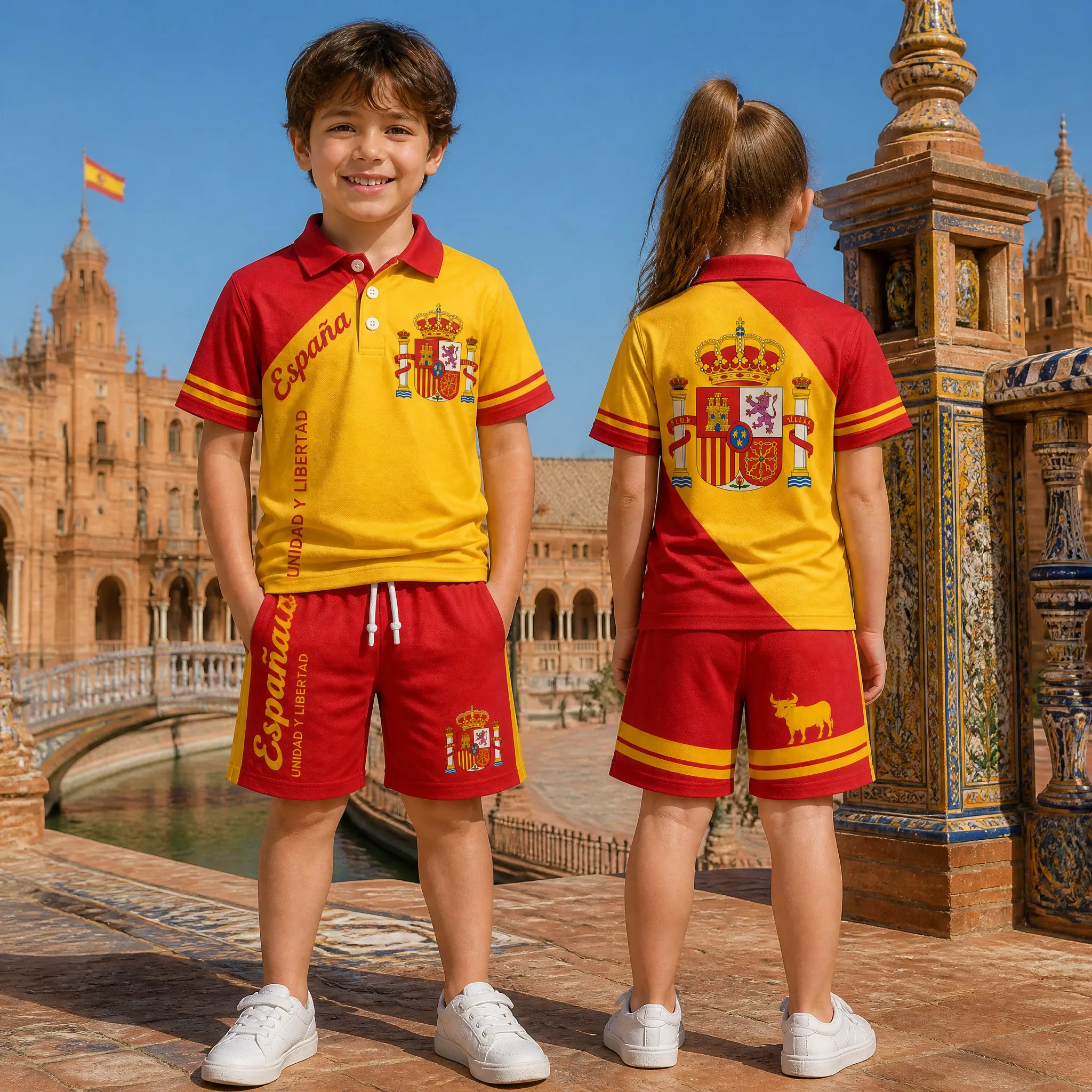 Ensemble polo et short pour enfants Espagne – Tenue d'été assortie garçons et filles – Motif drapeau jaune et rouge – Styles décontractés pour les voyages