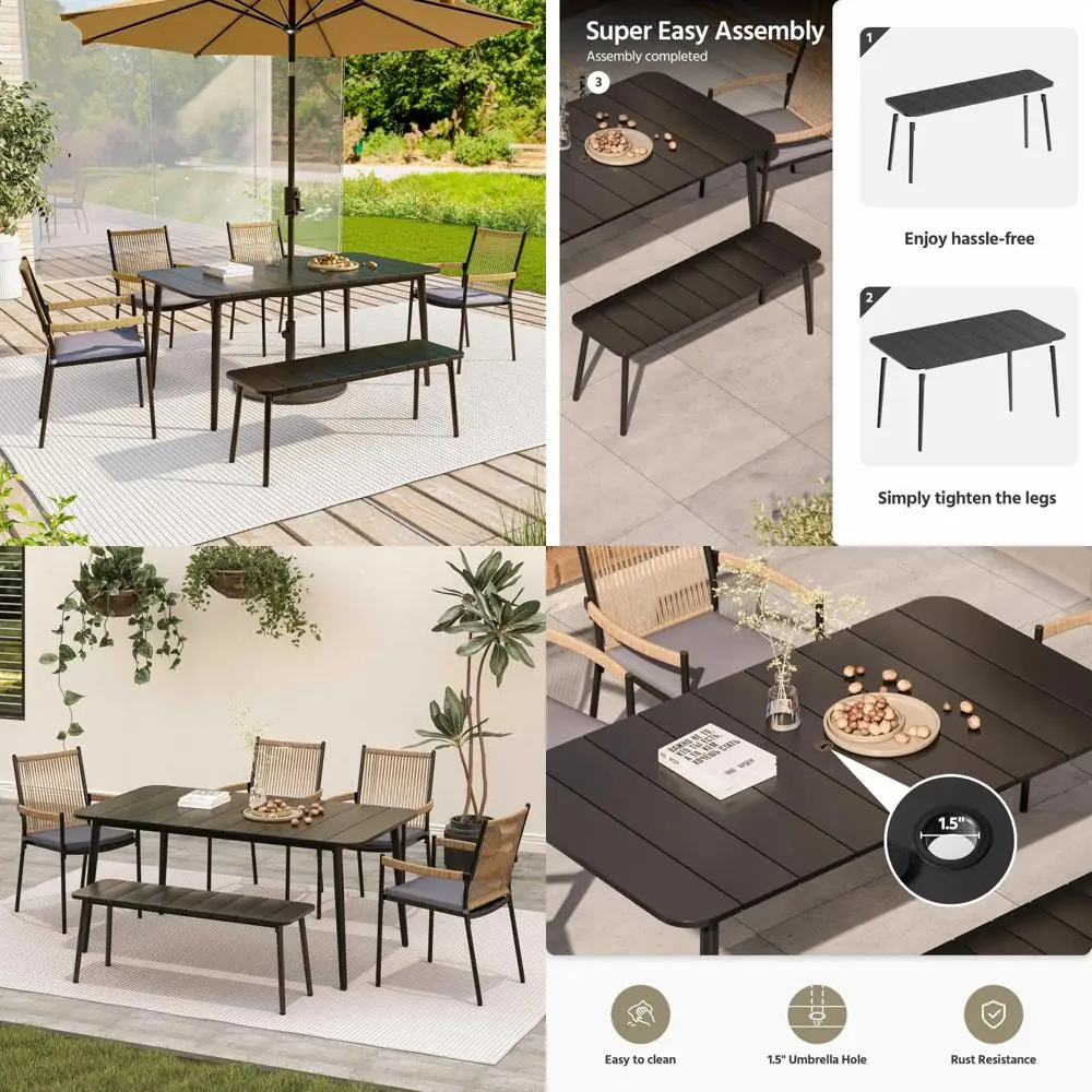 Ensemble de salle à manger d'extérieur 6 pièces, ensemble table à manger et chaises d'extérieur en rotin avec table en métal et trou pour parasol, mobilier de patio