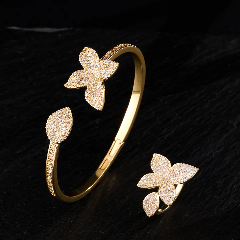 ZAKOL Luxury Sparkling Leaf Flower Micro-paved Zirconia Bracelet Ring for Women Exquisite Cuff Bangle Wedding Party Jewelry Set