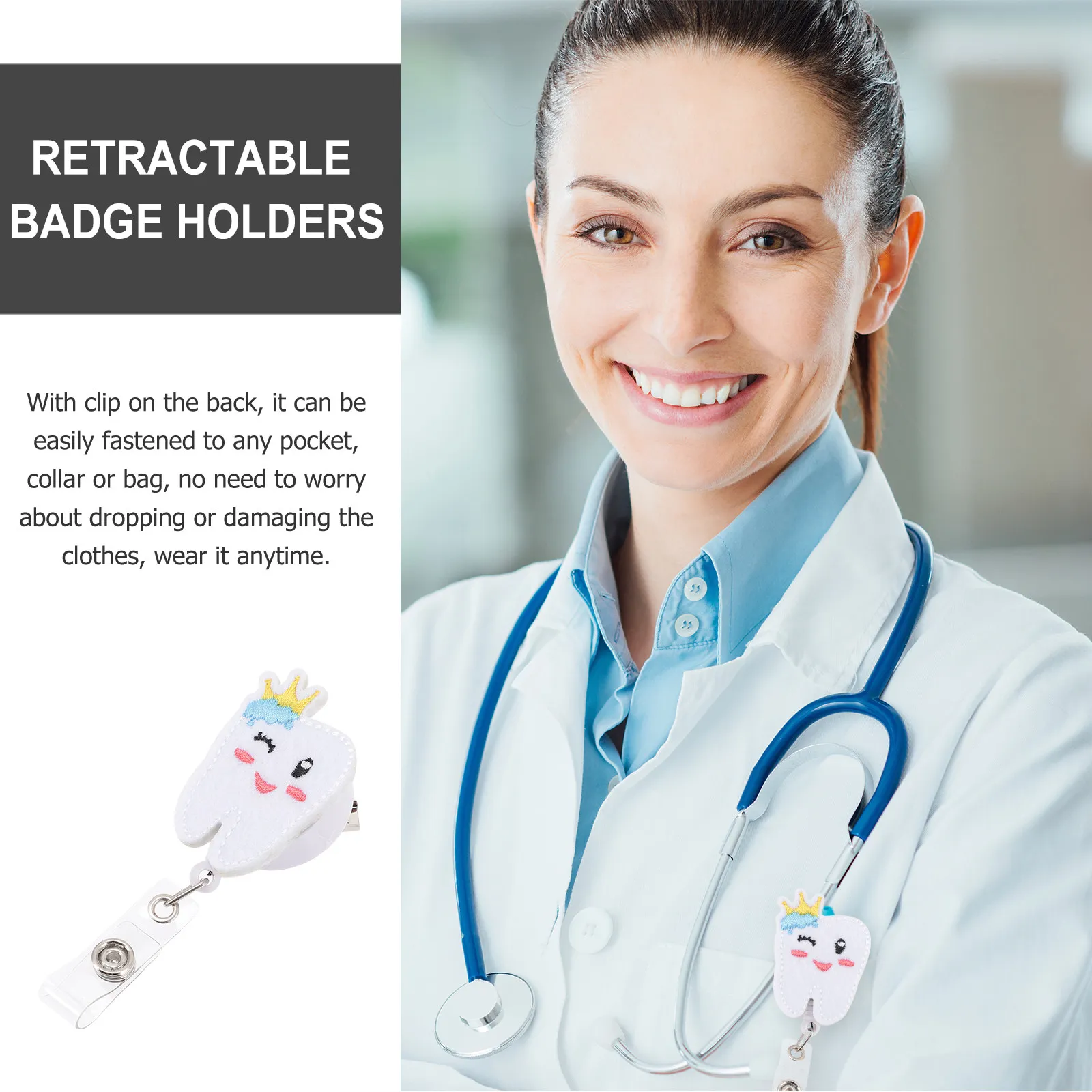 Retractable Id Badge Holder Funny Teeth Design Felt Badge Reel with Belt Clip Lightweight Compact Wear-Resistant Cloth