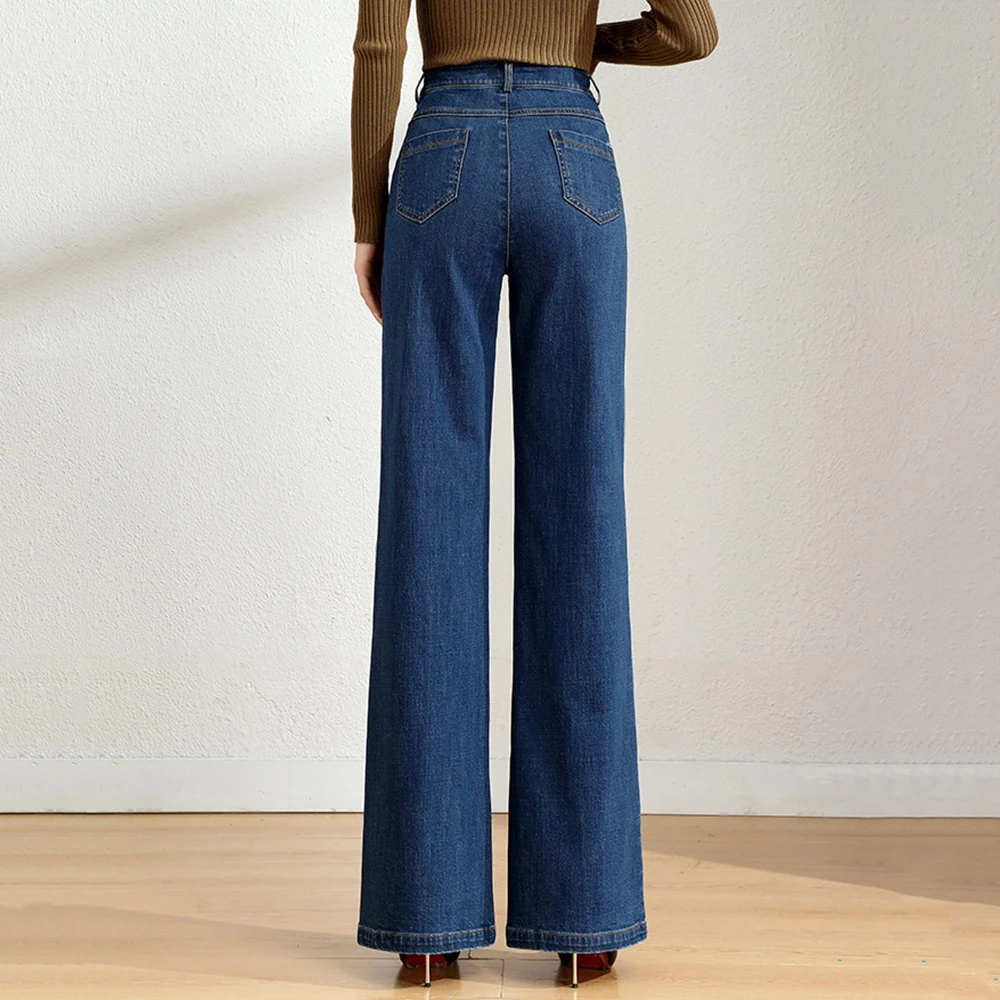 Pantalones vaqueros acampanados de pierna ancha para mujer, Jeans elásticos de ocio, cintura alta, pierna recta, bolsillo de moda, primavera y otoño