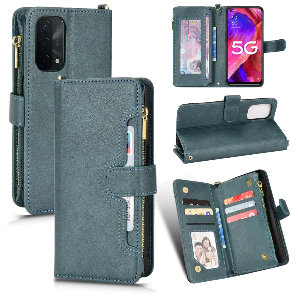 

Wallet With Card Slot Stand Flip Leather Case For OPPO A93 A74 A54 A55S 5G Double Layer Zipper Cover Anti-fall