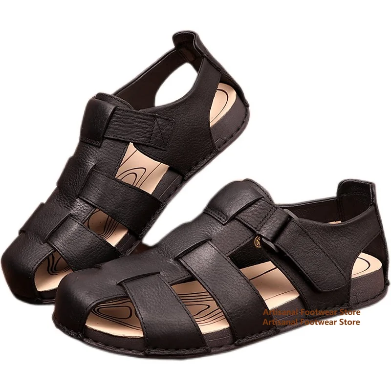 Hollow-Out Black Leather Men's Sandals Summer Leather Sandals Men's Real Leather Non Slip Soft Leather Soft Bottom Men's Shoes