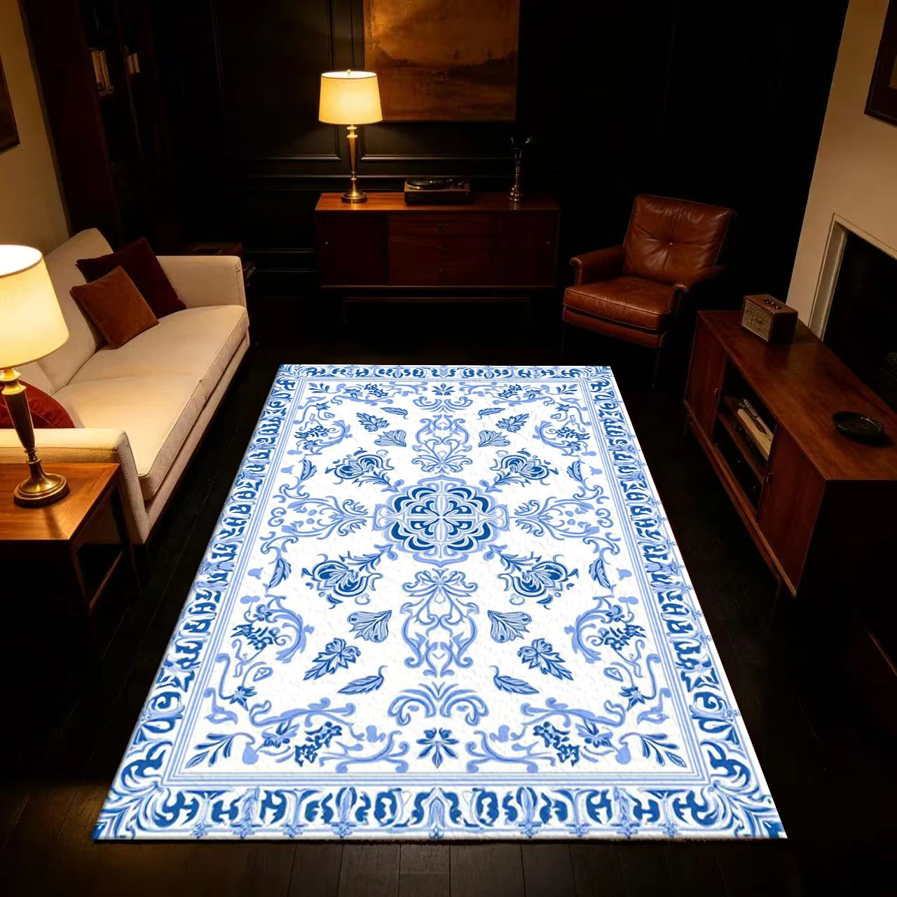 Classic Blue and White Porcelain Pattern Carpet Flooring, Traditional Luxurious Home Flooring Carpet, Suitable for Interior Decoration