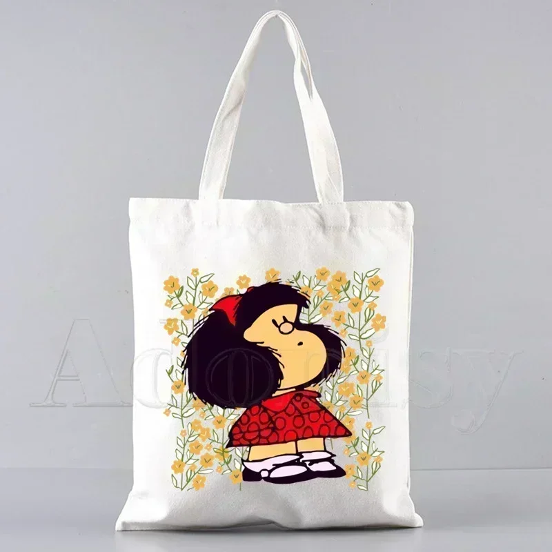 Mafalda 90s Women Canvas Shopper Bag with Handle Eco Foldable Reusable Tote Bag Book Key Phone Shopping Bag