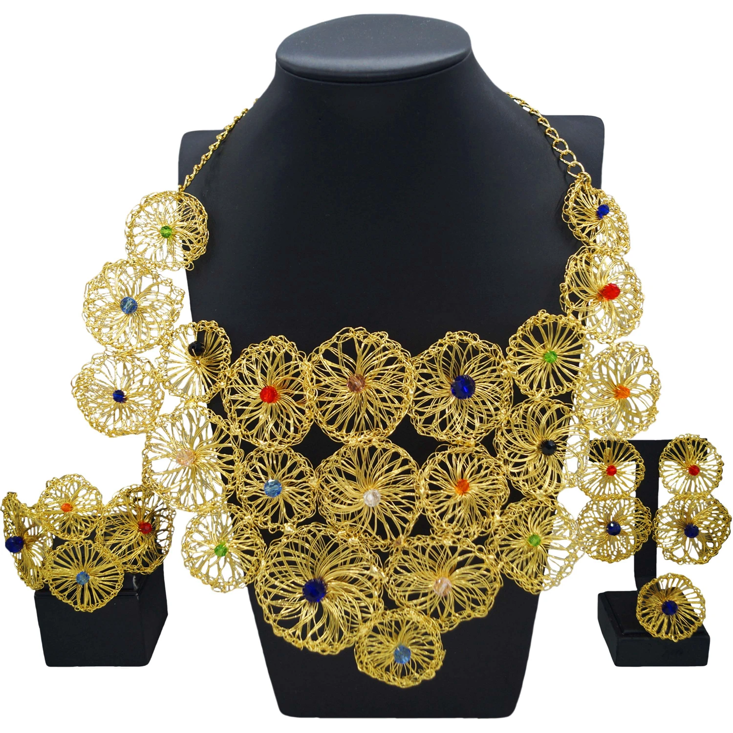 Yulailii new charm elegant jewelry set Italian gold-plated jewelry colorful diamond exquisite luxury bride wedding four-piece se