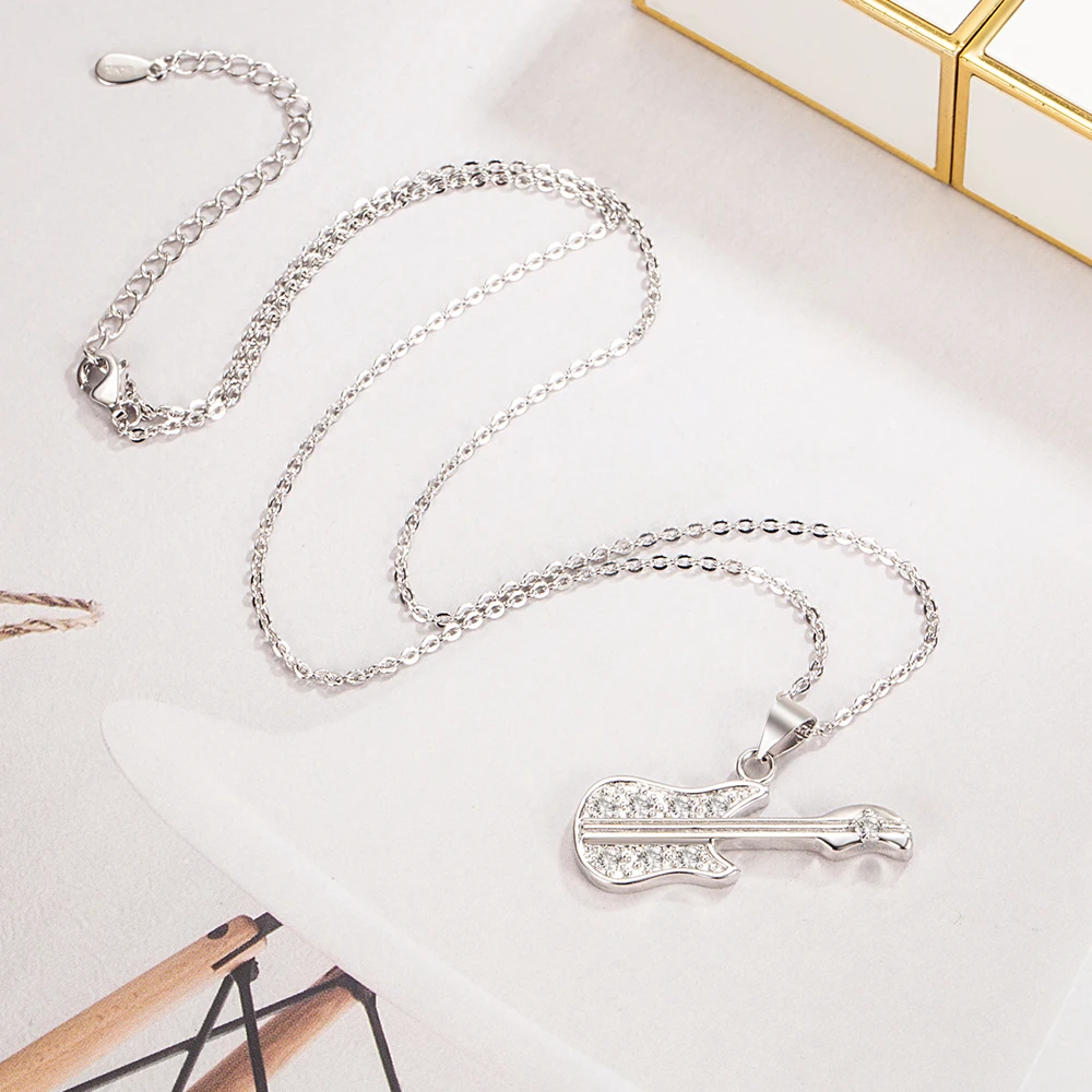 

High Quality 925 Sterling Silver Necklace Zircon Guitar Pendant Punk Rock Hip Hop Style Fashion Jewelry for Men