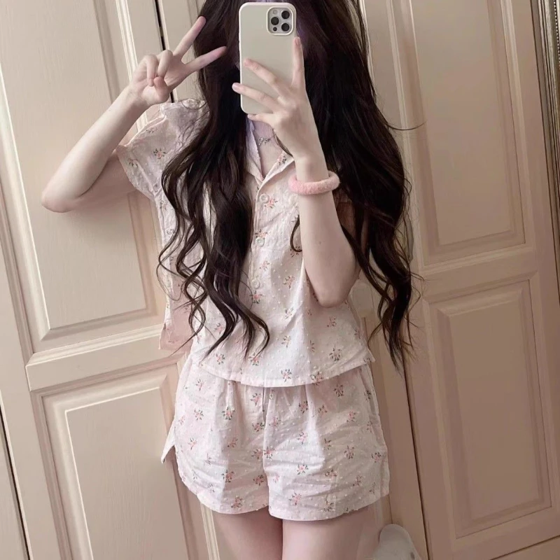 Pajama Pants Set Short Sleeve Shorts Women\'s Clothing Homewear Summer Thin Sweet Simple Comfortable Breathable Stylish Loose Fit