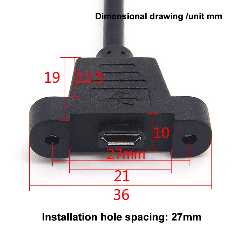 30cm Micro USB 5-pin 90 Degree USB 2.0 Male Connector to Micro Female Extension Cable Pitch 27mm With Screws Panel Mount Hole