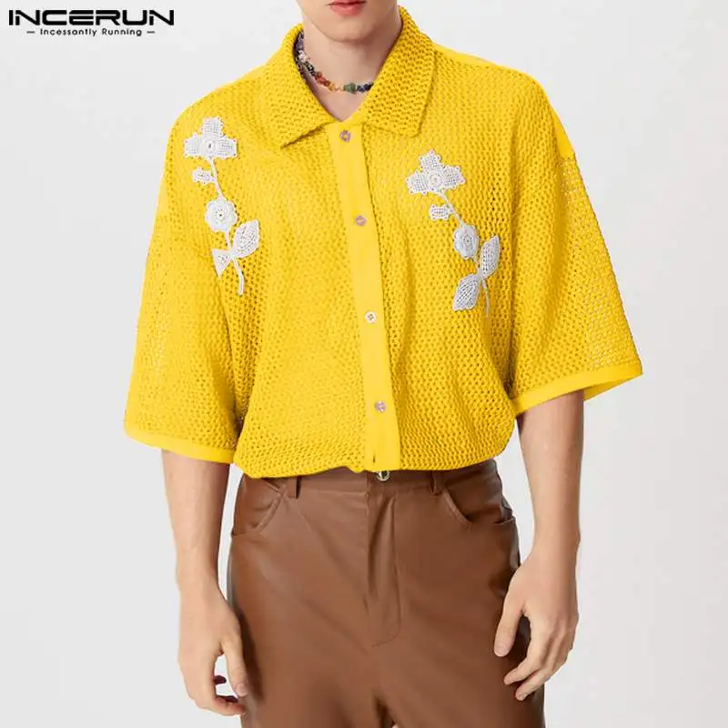 INCERUN Men Shirt Mesh Hollow Out Patchwork Transparent Lapel Short Sleeve Men Clothing Streetwear 2024 Fashion Casual Camisas