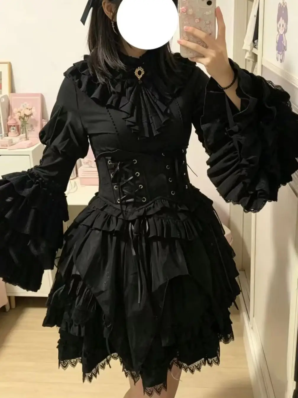 Japanese Style Black Gothic Lolita Juliet Sleeves Ruffles Shirt Y2k High Waist Waistband Skirt Women Retro Court Style Top Skirt