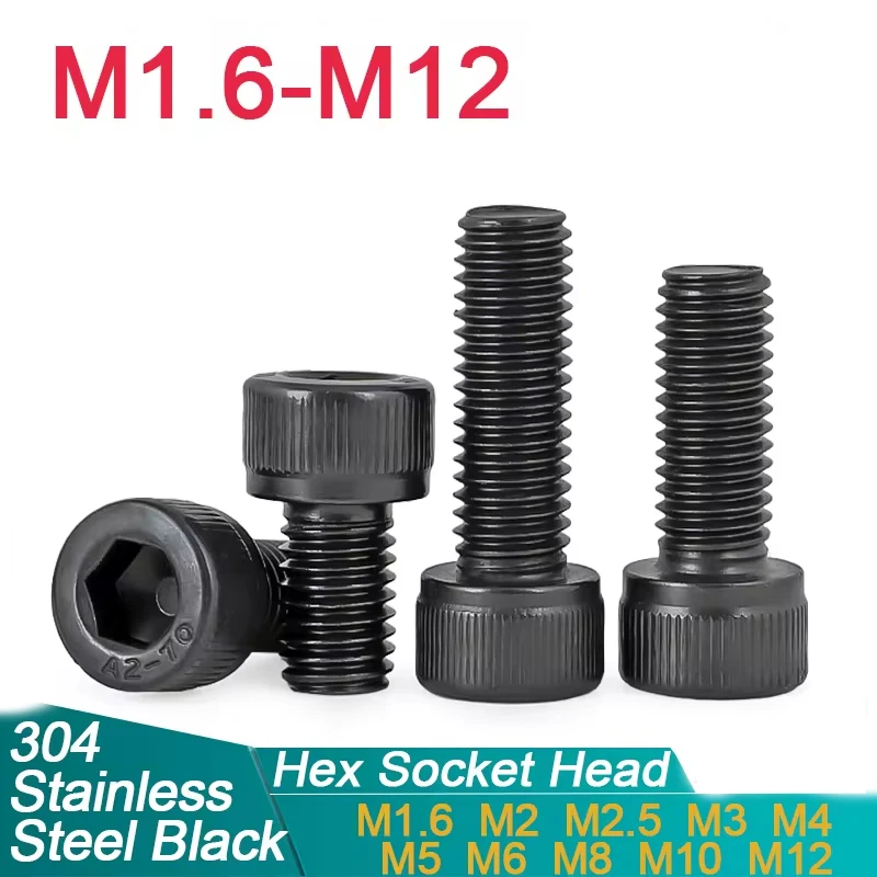 

2-50pcs M1.6 M2 M2.5 M3 M4 M5 M6 M8 M10 M12 Black Galvanized 304 Stainless Steel Hexagon Hex Socket Head Cap Bolt Black Screw