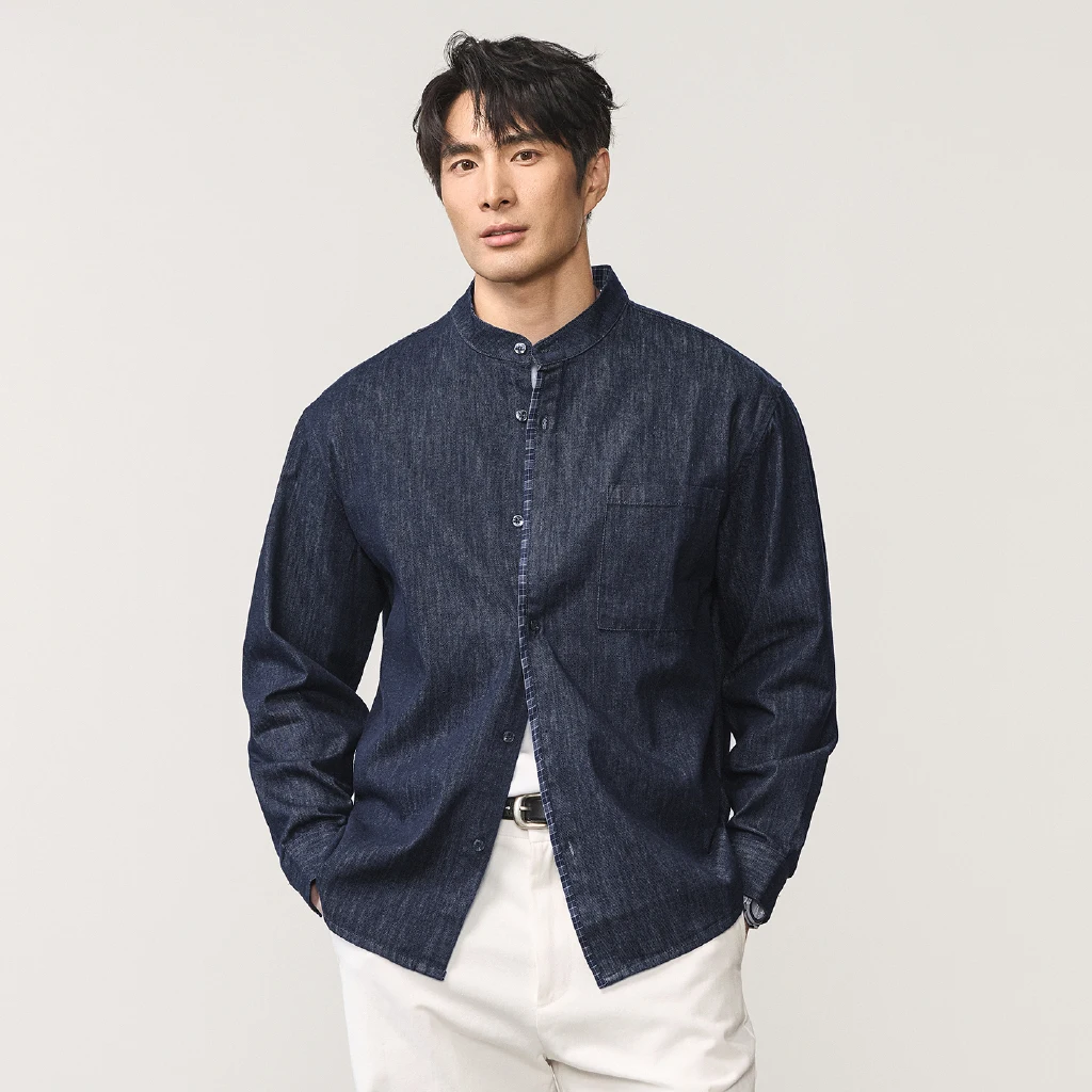 Men Plaid Splice Denim Stand Collar Fashion Vintage Commute Loose Casual Long Sleeve Shirts Male Jeans Blouses