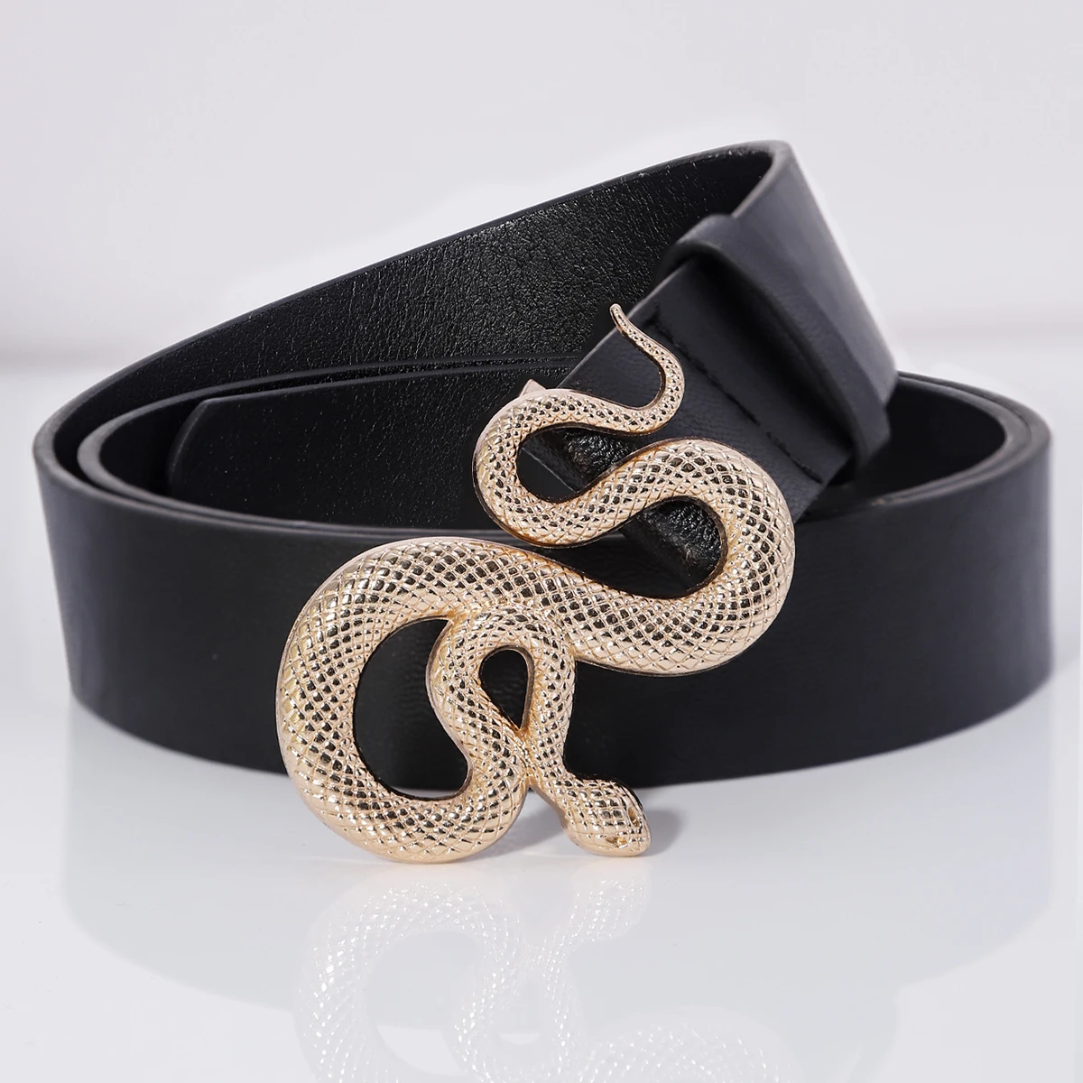 Hot Sale New Fashion Snake Belt Buckle with PU Leather Belt for Women Dress Designer Western Vintage Style Black Belts for Girls