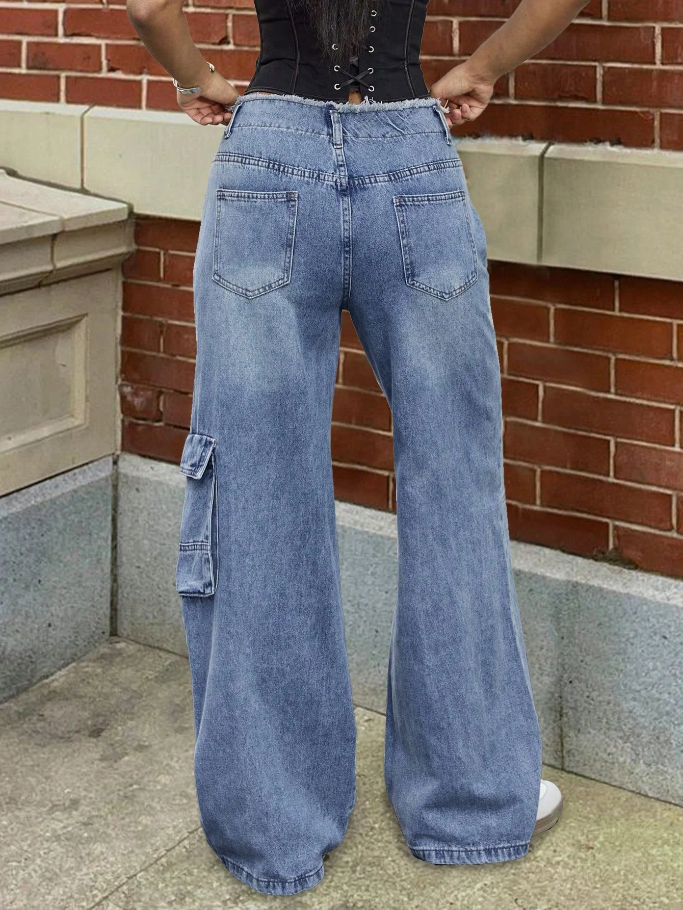 2025 Sommer Damen Jeans mit Taschen Trendy Vintage Alltagskleidung Hosen Party Quaste Ganzkörperansicht OL 90er Jahre Hohe Qualität Retro Blau