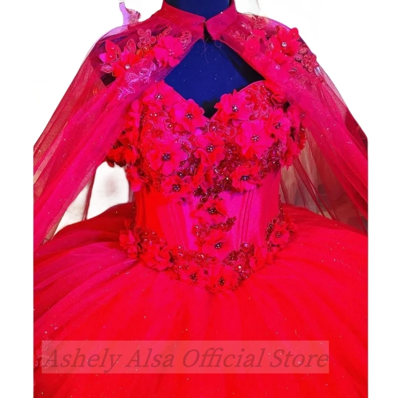 Real Picture Red Princess Quinceanera Dresses With Caple Off Shoulder Floral Lace Up Sweet 15 16 Girls Party Prom Gown Vestidos