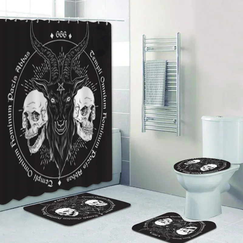 Spooky Pentagram Demon Satanic Goat Head Shower Curtain Set Rug  Retro Black Magic Skull Tattoo Bath Curtains Mats Bathroom