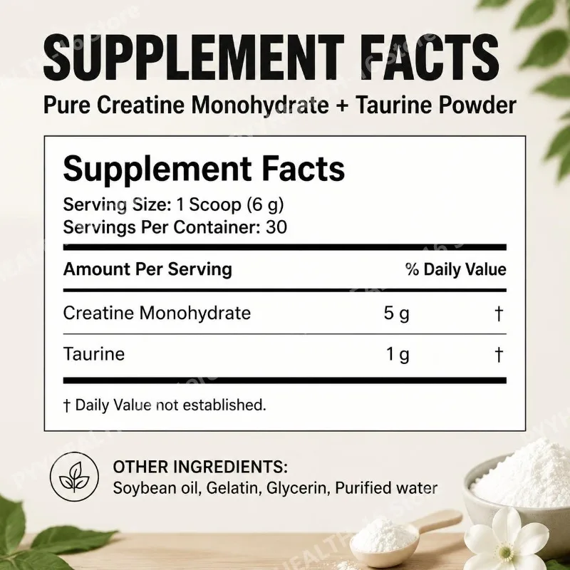 Creatine Monohydrate Taurine Powder, Pure Unflavored, Muscle Strength & Endurance Support, Quick Dissolve, 180g - 30 Servings