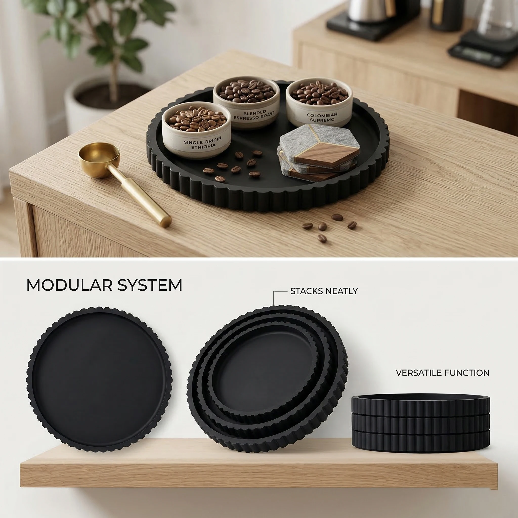 Modern Black Silicone Round Tray Coffee Table Centerpiece Minimalist Home Decor Organizer for Perfume Display Coffee Bar