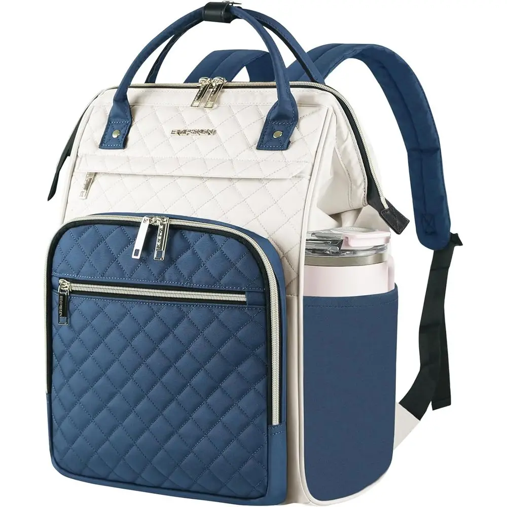 

17 Inch Laptop Backpack for Women - Large Capacity Water-Resistant Casual Daypack, Beige-Haze Blue