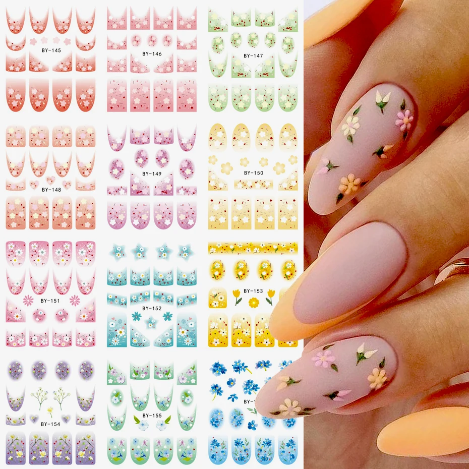 12pc French Designs Nail Stickers Small Flower Gradient Floral Water Slider Nails Gel Decals Tips DIY Manicure Decor Accessories