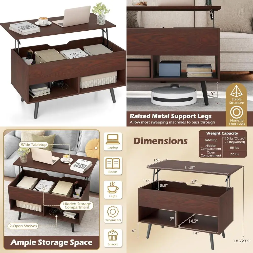 

Modern Flip Top Coffee Table with Hidden Storage and 2 Shelves, Wooden Pull, Contemporary Living Room Furniture