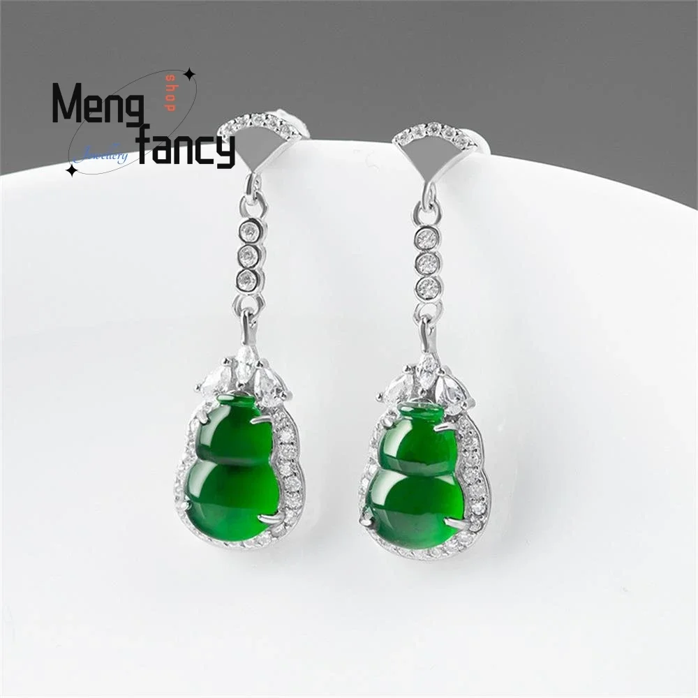 

S925 Silver With Natural A-goods Jadeite Green Gourd Earrings Exquisite Elegant Fashion Fine Luxury Quality Jewelry Holiday Gift