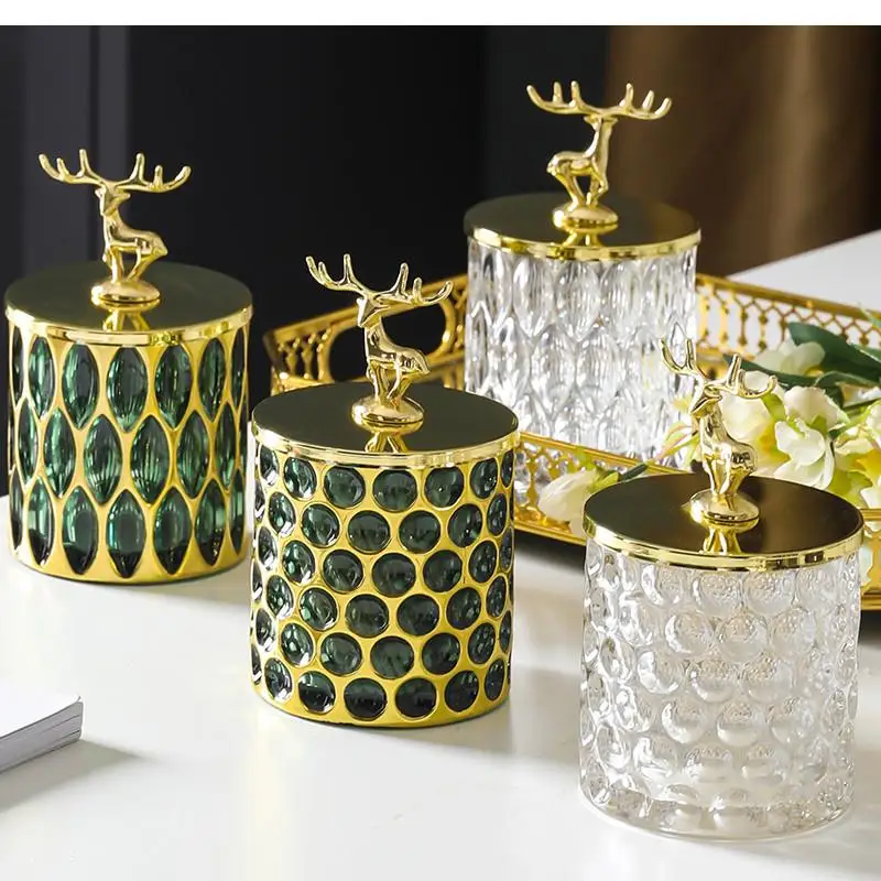 

Golden Glass Storage Jar French Light Luxury Agate Bottle Candy with Lid Household Cotton Swab Jewelry Box Decoration