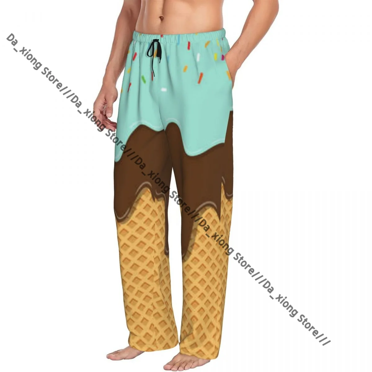 Mens Casual Pajama Long Pant Loose Elastic Waistband Sweet Flavor Ice Cream Texture Melte Cozy Sleepwear Home Lounge Pants