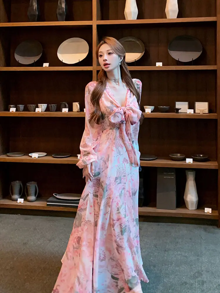 

Women Clothing Dress Summer New High-end Advanced Designed Niche French Elegant Style Temperature V-neck Lace-up Print Dress
