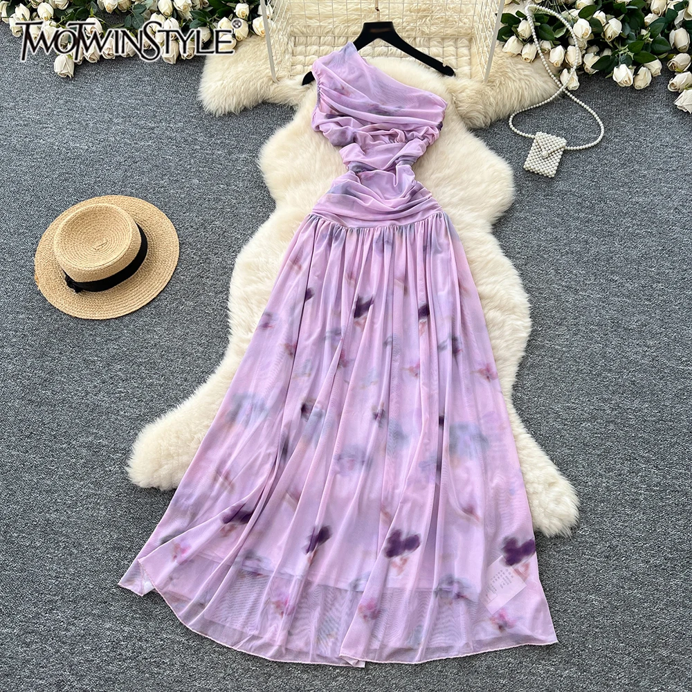 

TWOTWINSTYLE Casual Printing Long Dresses For Women Diagonal Collar Sleeveless High Waist Elegant Dress Female Style KDR543979
