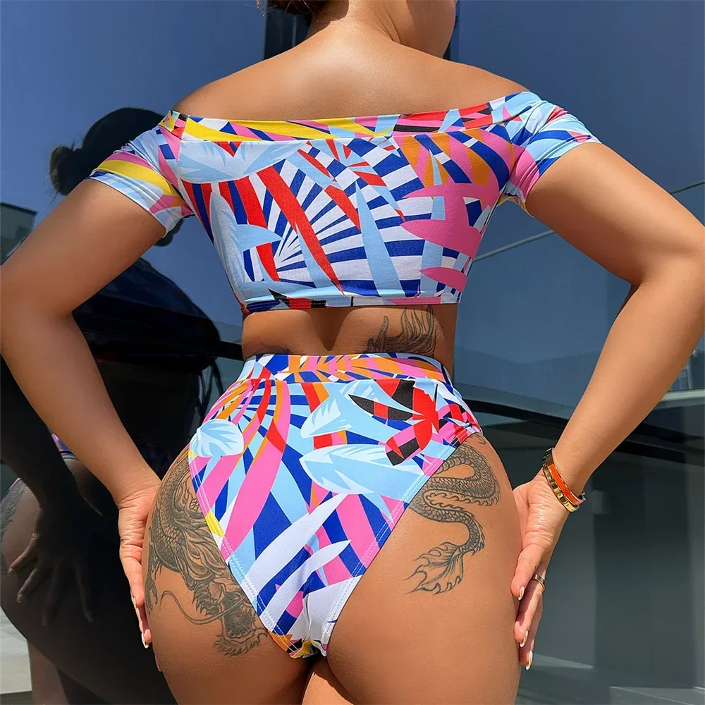 High Waist Bikini Y2K Print Off Shoulder Tankini Drawstring Swimwear Push Up Swimsuit Trend Women Vacation Beach Bathing Outfits