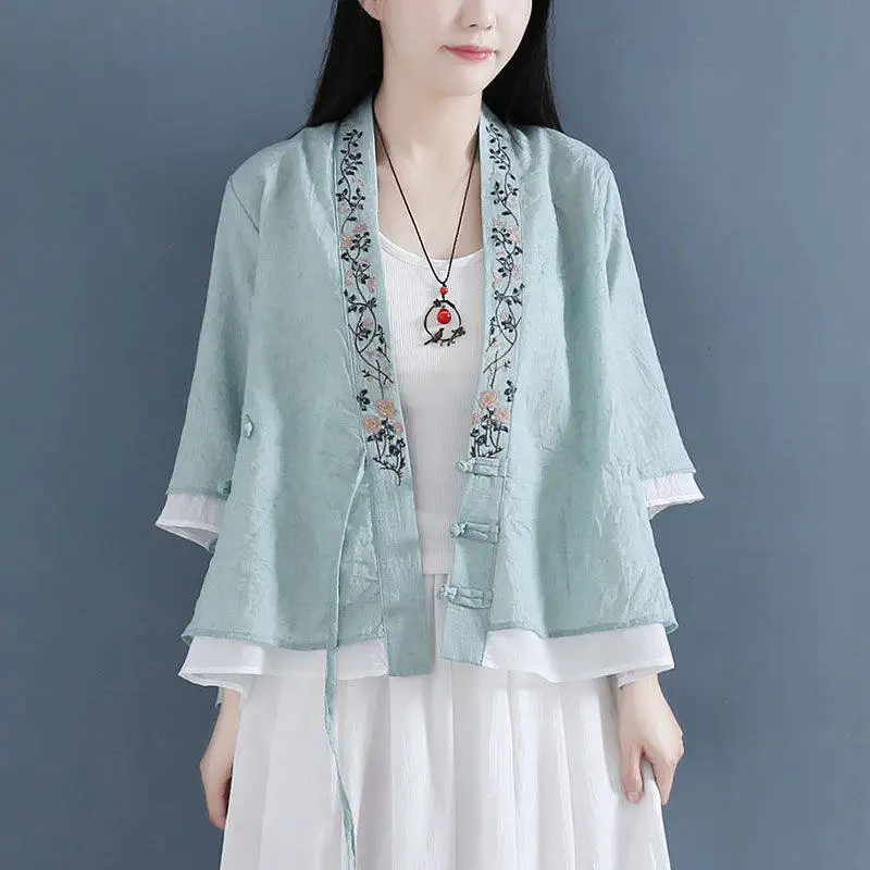 Ethnic Style Retro Artistic Linen Cotton Blend Cardigan Blouse Frog  Button Fake Two Piece Chinese Style Tea Blouse Top CN-319