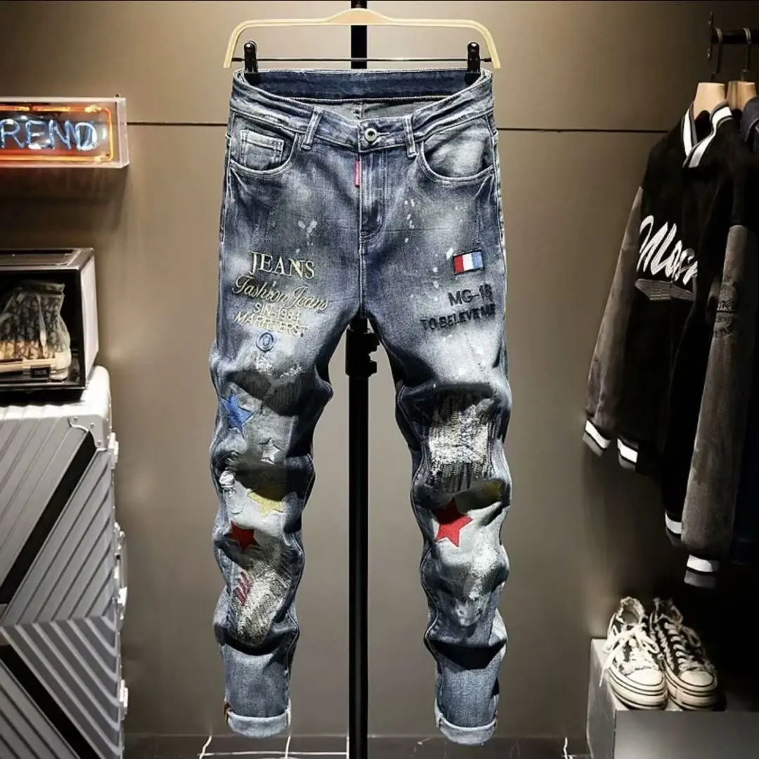 

2025 Spring and Autumn Men's Retro High Waist Jeans Embroidered Letter Denim Pencil Pants with Piercing Patch Jeans Pants