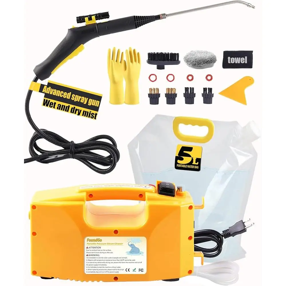 منظف بخار محمول بقوة 1700 وات، منظف محمول بالضغط العالي مع التحكم في الزناد 239 ℉   تسخين سريع 6 ملحقات فرشاة للاستخدام المنزلي