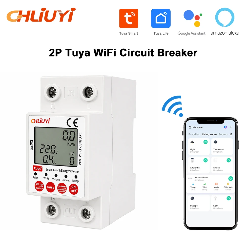 Tuya WiFi Smart Meter 63A Adjustable Over Under Voltage Protector Circuit Breaker Automatic Reclosing Relay Leakage protection