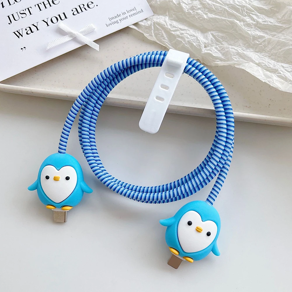 4Pcs/Set Cute Penguin 3D Cartoon Cable Protector For iPhone / iPad 18W/20W Charger Protective Case Phone Wire Cord Organizers