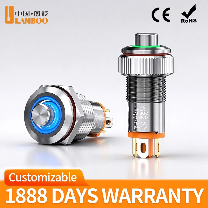 LANBOO 8B/10B New Product — Miniature Short-Body Latching/Momentary Series / Metal Pushbutton Switch / High Head / 1 NO