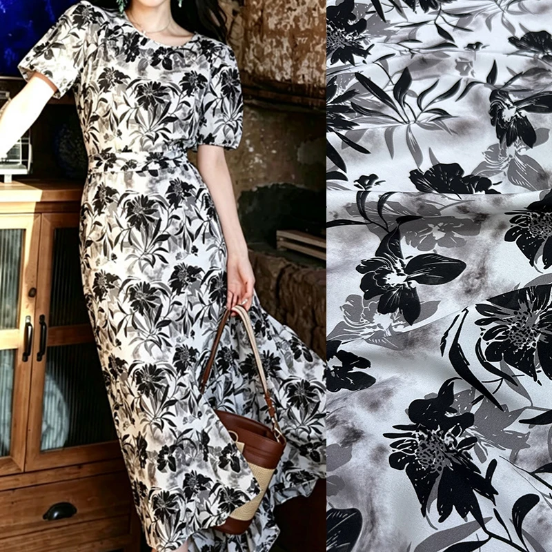Black Gray Floral Printed Stretch Silk Crepe de Chine Fabric for DIY and Sewing Soft Silk Fabric for Dress Pants Pajamas R7052