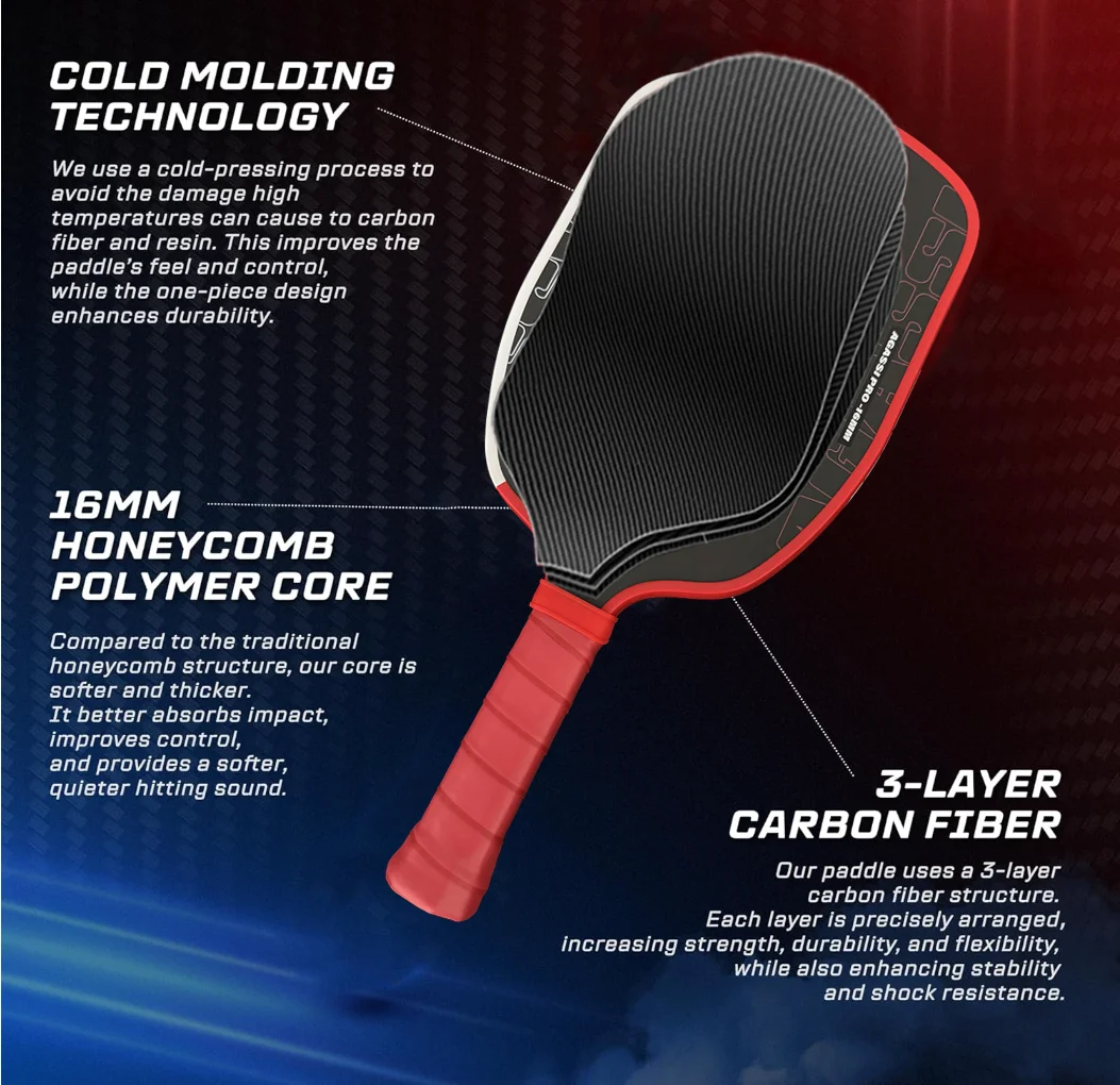1Pc, Professional Pickleball Racket - 16mm T700 Carbon Fiber Agassi Pro Racket, Enhanced Strength and Feel, Red and White Design