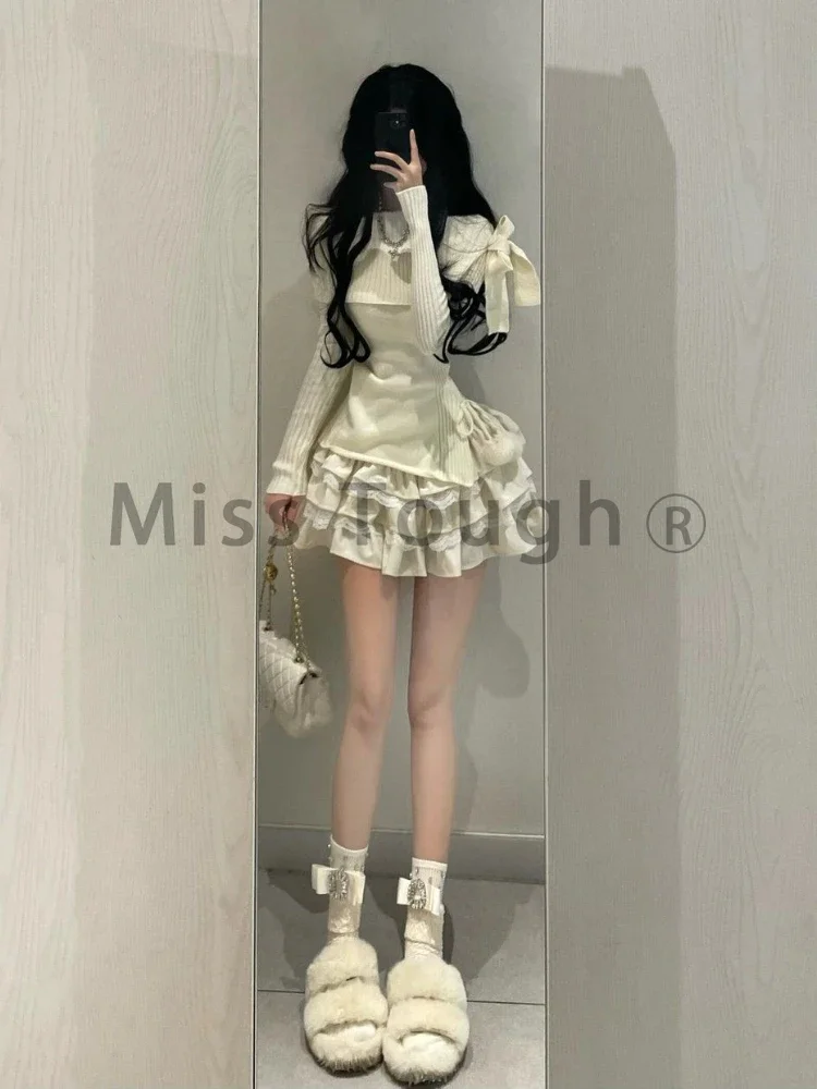 Winter Kawaii Sweet 2 Piece Set Woman Off Shoulder Bow Knitted Tops + Mini Cake Skirt Female Korean Fashion Casual Suit 2024 New