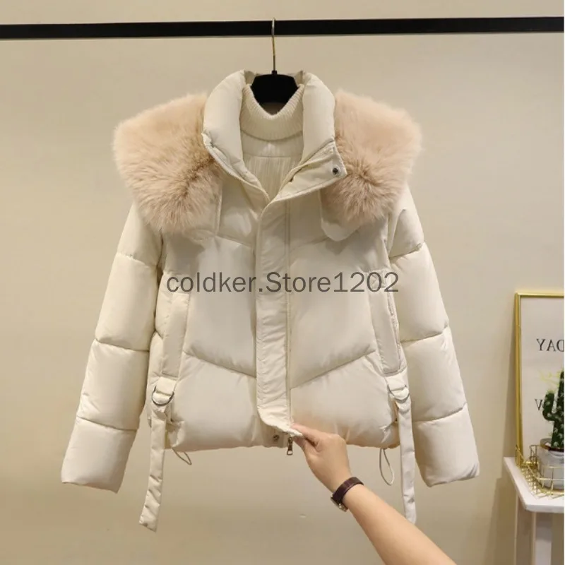 Chaqueta blanca con cuello de piel para mujer, moda coreana, abrigo acolchado corto y cálido Vintage, Parka para mujer 2024