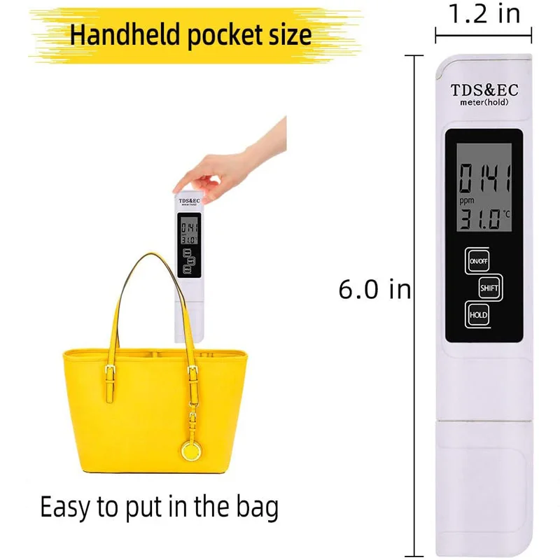 Digital Water Tester Meter TDS EC  PPM Temp Detector Pen with White LCD Display 0-9990 Range for Purity Measurement