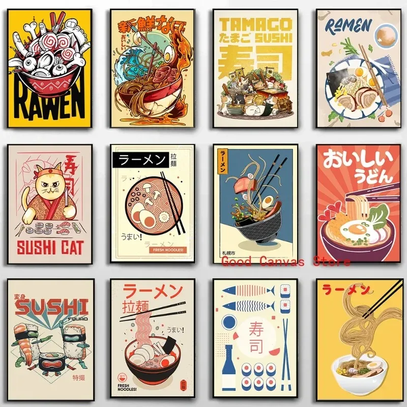 Japanese Food Posters Funny Ramen Noodles Sushi Canvas Painting Print Wall Art Picture for Restaurant Kitchen Home Decor Cuadros
