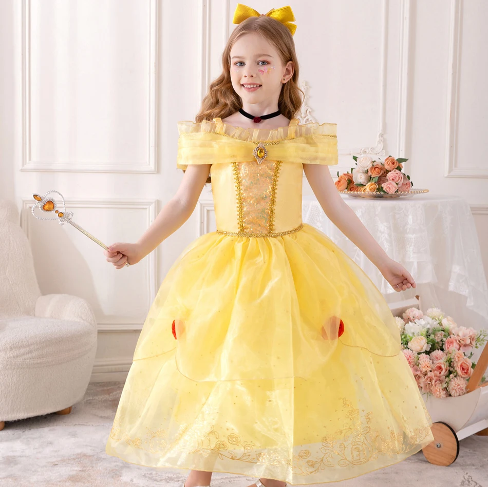 Girls Beauty Beast Classic Belle Cosplay Princess Costume Halloween Fairy Tale Clothing Party Carnival Birthday Elegant Gown