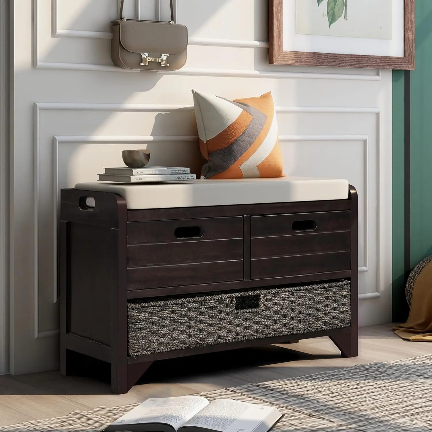 오토만이 있는 수납 벤치, 팜하우스 슈즈 벤치, 탈부착 가능한 바구니 및 서랍 2개, 에스프레소 색상, 완전 조립됨