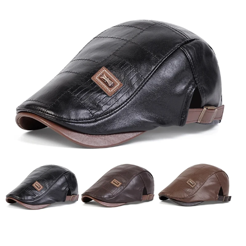 Men Retro Pu Leather Newsboy Caps British Painters Hats Spring Autumn Side Adjustable Flat Cap Hip Hop Berets