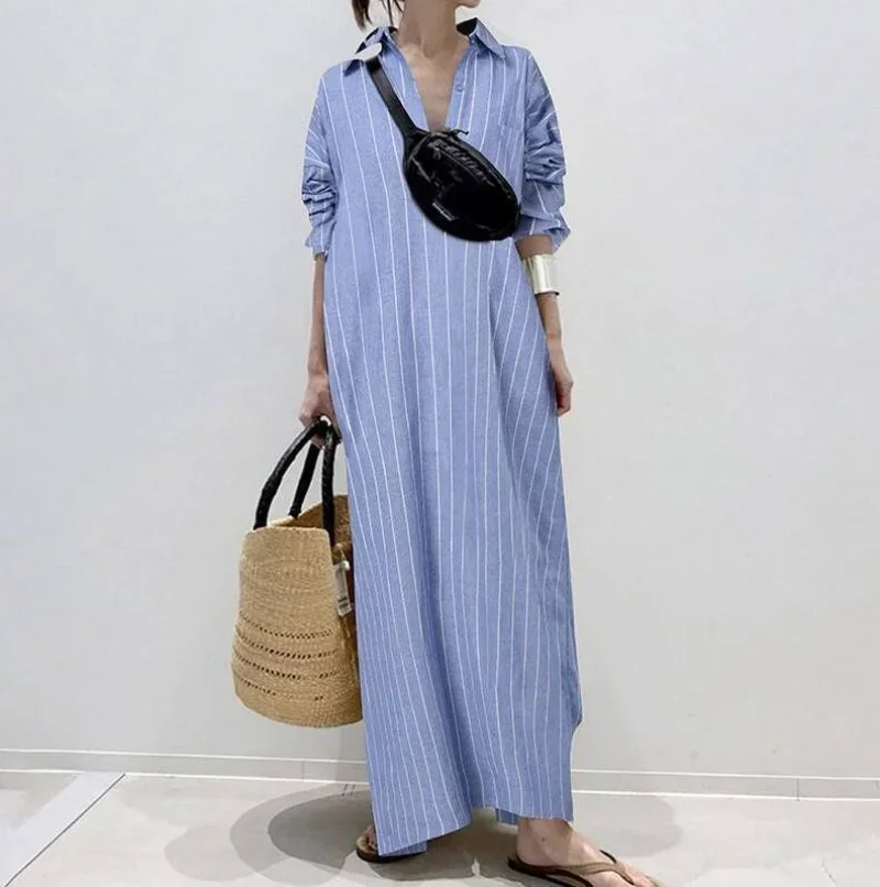 2025 NEW Eid Evening Dress Lapel Collar Temperament Abaya Femme Commuter Stripe Loose Waist Shirt Dress  Ramadan Muslim Robe